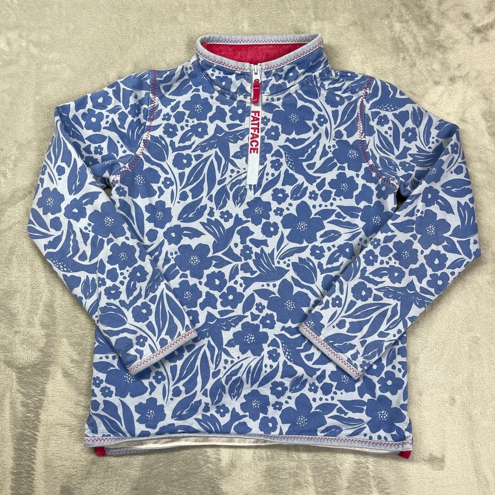 Fat Face Sweatshirt Girls 12/13 Blue Bird Floral Long Sleeve 1/4 Zip Pullover